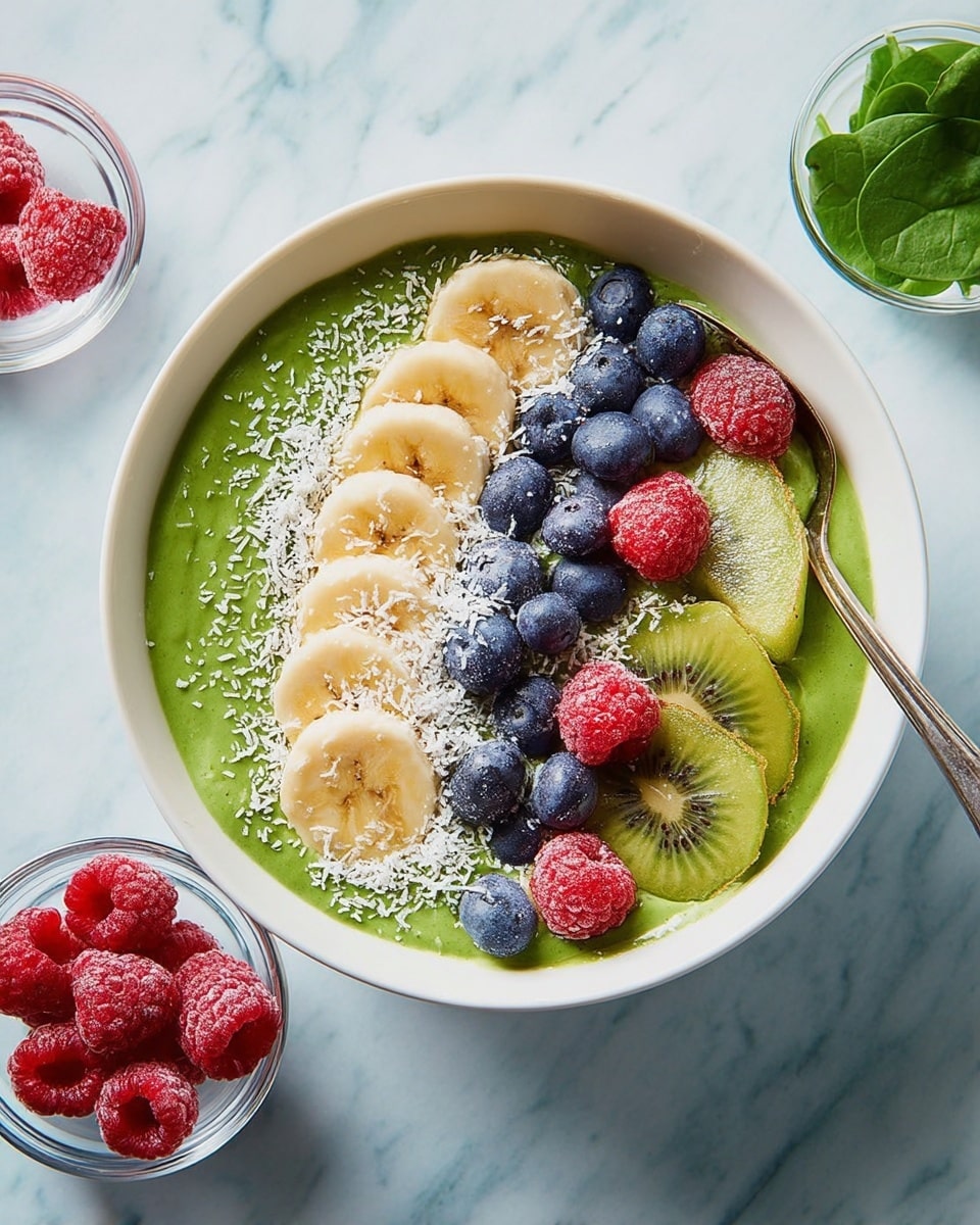 A white bowl filled with a thick, creamy green smoothie base, topped with three layers of toppings: on the left side, thinly sliced banana pieces arranged in a neat row, sprinkled lightly with white sesame seeds; in the middle, a small pile of dark blue blueberries with a few spruce bits of white coconut flakes scattered across; on the right side, bright red raspberries and two small slices of light green kiwi with black seeds placed near the center. A silver spoon rests inside the bowl on the right edge. The bowl is on a flat surface with a white marbled texture, surrounded by small white bowls filled with raspberries, blueberries, spinach leaves, and shredded coconut. photo taken with an iphone --ar 4:5 --v 7