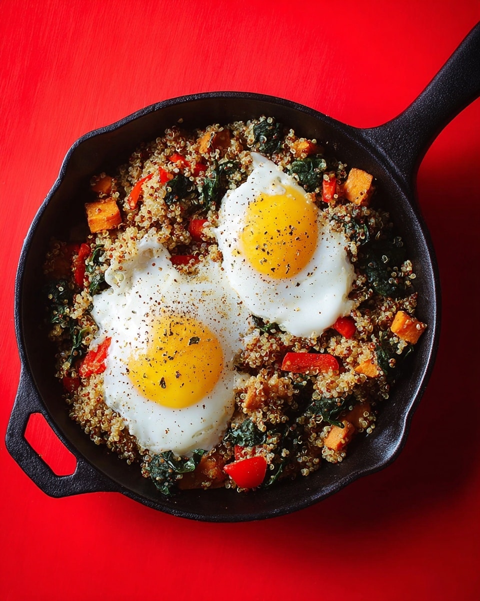 A black cast iron skillet filled with a grain mix that looks like quinoa, mixed with small orange and red vegetable pieces and green herbs. On top, there are two fried eggs with bright yellow yolks, one round and the other more oval shaped, both slightly seasoned with black pepper. The skillet is placed on a bright red surface, creating a strong color contrast with the food and pan. photo taken with an iphone --ar 4:5 --v 7
