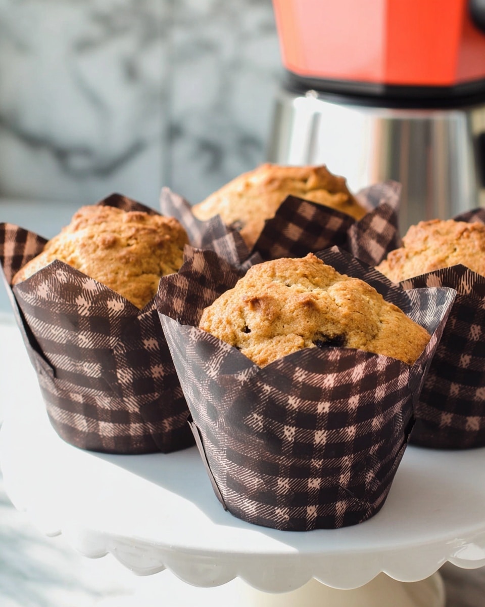 The image shows four golden-brown muffins with a slightly cracked and textured top, placed in checkered brown and black paper cups. The muffins sit on a white ceramic cake stand with a scalloped edge. In the background, there is a silver and red stovetop coffee maker and a white marbled surface. The overall scene is bright and cozy, highlighting the muffins' warm, inviting look. photo taken with an iphone --ar 4:5 --v 7