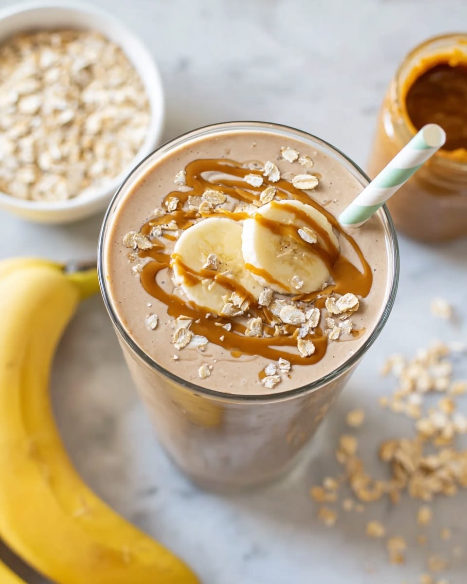 A tall glass filled with a light brown smoothie topped with two banana slices placed near the center, a swirl of caramel or peanut butter sauce drizzled around the banana slices and scattered oats on top, with a pale green straw inserted into the smoothie from the right side. The background shows a white marbled texture surface with a couple of whole bananas at the top right, a white bowl filled with oats at the bottom right, and an open jar of peanut butter or caramel on the right edge of the image. Photo taken with an iphone --ar 4:5 --v 7