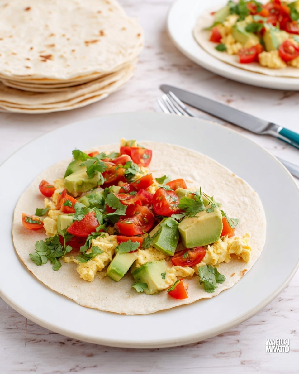 The image shows two white plates each holding a single tortilla wrap. On the closer plate, the tortilla is flat with three clear layers of filling: the bottom layer is scrambled eggs with a soft, yellow texture, the middle layer consists of chunky light green avocado pieces, and the top layer is diced red tomatoes mixed with chopped fresh green cilantro scattered over the top. The other plate in the background also has a similar tortilla wrap but is slightly out of focus. To the left of the plates is a small stack of plain tortillas resting on a white marbled surface. A shiny silver fork and knife rest on the upper right corner near the second plate. The whole scene is bright and clean. photo taken with an iphone --ar 4:5 --v 7