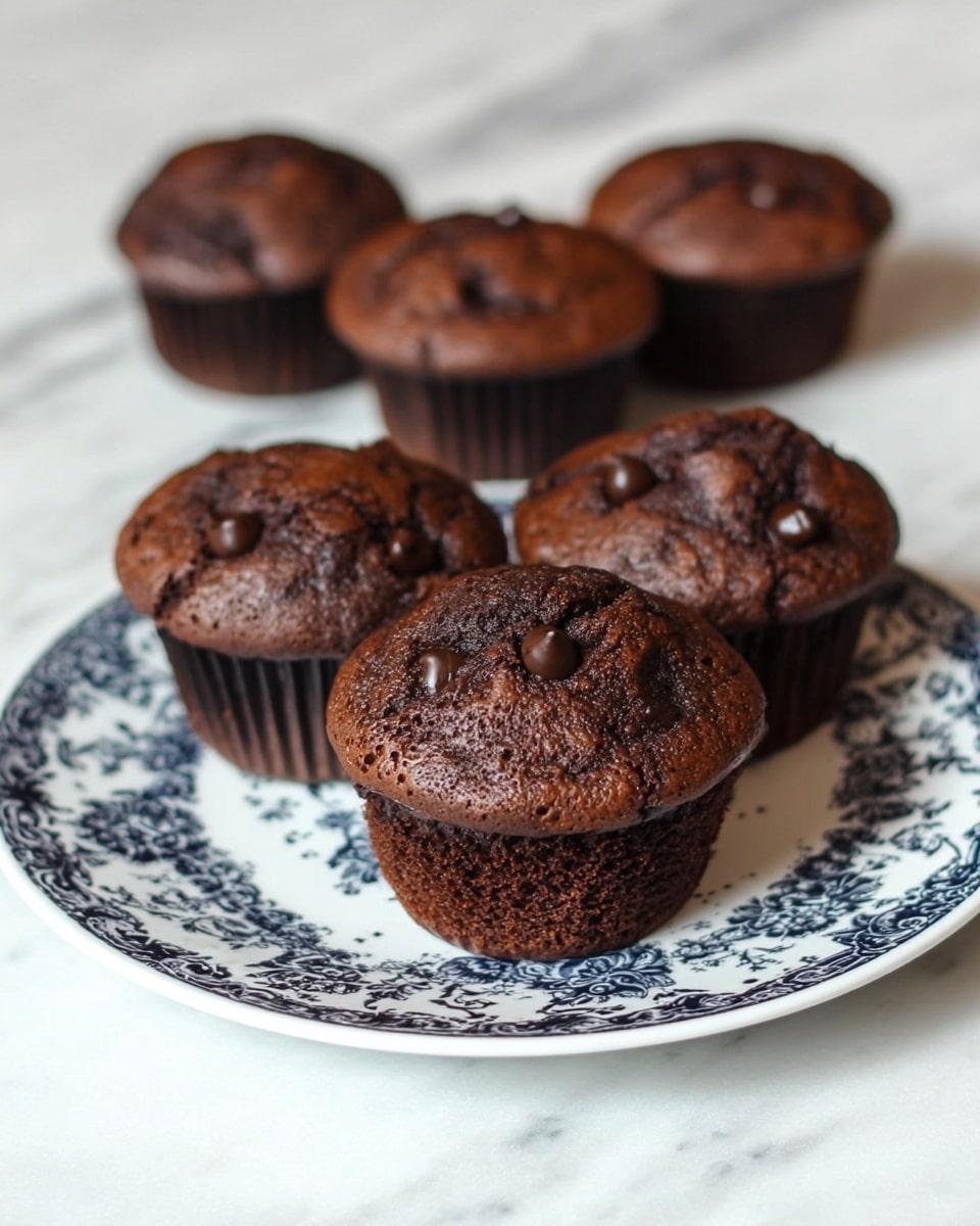 A close-up image shows six chocolate muffins with a rich dark brown color and a soft, slightly cracked texture on top. One muffin is placed in the center on a white plate decorated with intricate dark blue floral patterns. The other five muffins are grouped in the background on a white marbled surface, slightly out of focus. Each muffin has visible chocolate chips embedded in the top, adding a glossy contrast to the matte cake texture. The lighting creates soft shadows, highlighting the muffins' moist and dense appearance. Photo taken with an iphone --ar 4:5 --v 7
