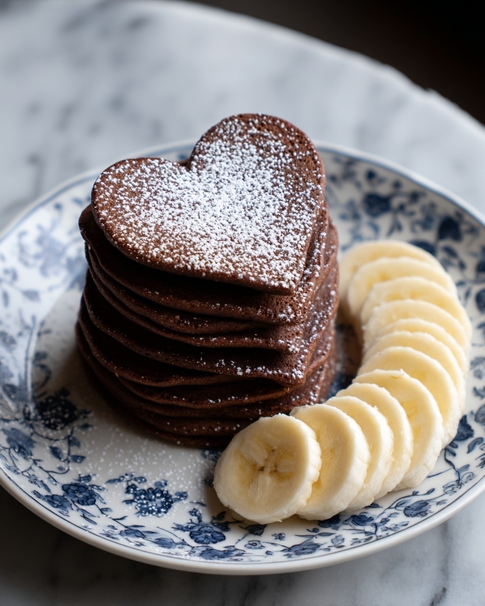 A stack of seven heart-shaped chocolate pancakes with a rich, dark brown color, topped with a light dusting of powdered sugar that contrasts with the darker surface. The pancakes have a soft, slightly porous texture visible around the edges. To the right of the stack, there are two neat rows of sliced bananas, pale yellow with a smooth surface and visible round details of the fruit. Everything is served on a white plate with a blue floral pattern around the rim, resting on a white marbled surface. photo taken with an iphone --ar 4:5 --v 7