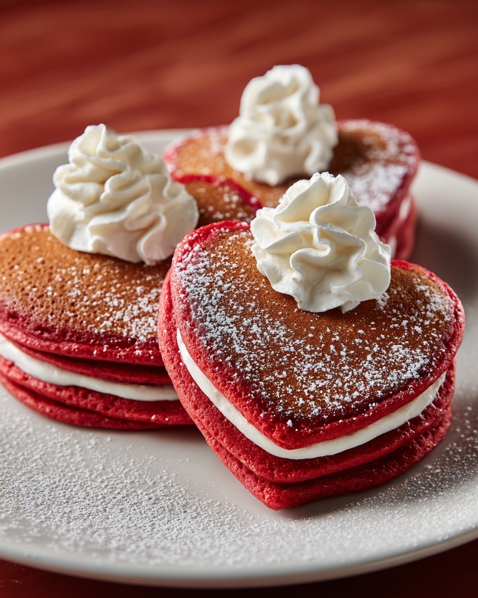 Three heart-shaped red pancakes are stacked on a white plate, each with two visible layers: a bright red, soft bottom layer and a light brown, slightly crispy top layer with small bubbles. Each pancake is topped with a swirl of white whipped cream at the center and dusted lightly with powdered sugar, which also sprinkles the plate around them. The background shows a smooth red surface, while the plate rests on a white marbled texture. The photo taken with an iphone --ar 4:5 --v 7