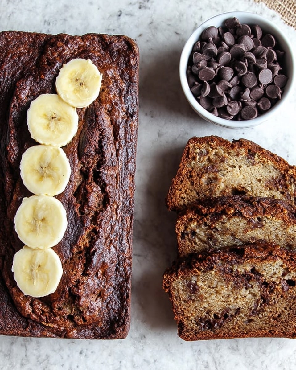 The image shows a loaf of chocolate banana bread cut into slices, placed on a white marbled surface with a coarse burlap-like fabric underneath. The loaf has a deep brown color with visible darker chocolate swirls and a moist, dense texture. One slice has several pale yellow banana slices neatly arranged in a row on top, adding contrast. The two other slices reveal a speckled interior of light brown and chocolate bits spread throughout. In the top left corner, there is a small white bowl filled with dark chocolate chips. The photo taken with an iphone --ar 4:5 --v 7