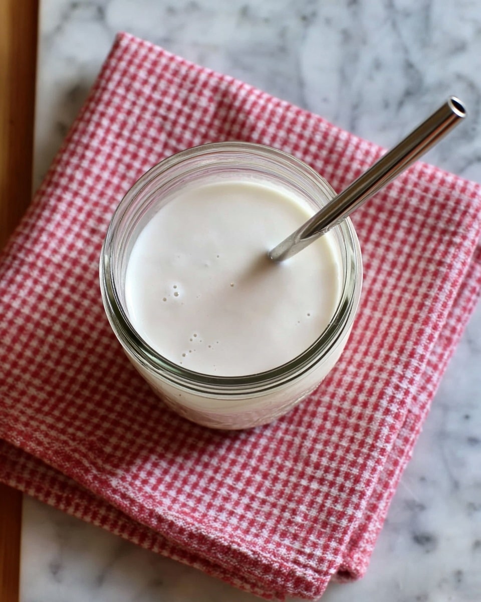 A clear glass jar filled with a light, creamy white smoothie showing a few small bubbles on the surface, with a metal straw inserted in the center. The jar is placed on a red and white checkered cloth that rests on a white marbled textured surface. photo taken with an iphone --ar 4:5 --v 7