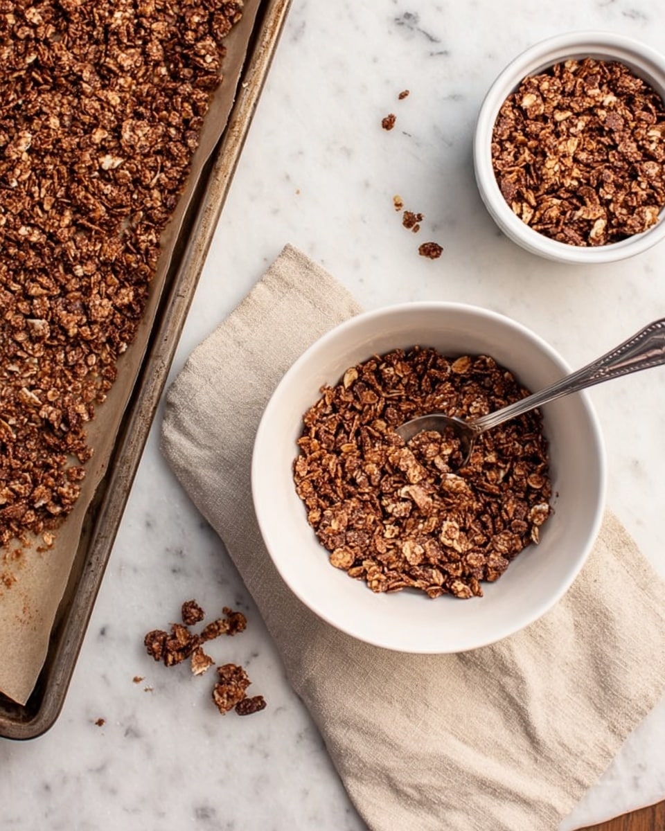 A white bowl with a spoon inside sits on a light beige cloth on a white marbled textured surface, filled halfway with dark brown granola flakes that have a rough and crunchy texture, some scattered loosely around the edges. To the left, there is a white small bowl also containing dark granola flakes, placed next to a baking tray filled with a large amount of the same dark brown granola spread evenly, showing a rough and crumbly texture. Small bits of granola are scattered on the cloth and surface near the bowls. photo taken with an iphone --ar 4:5 --v 7