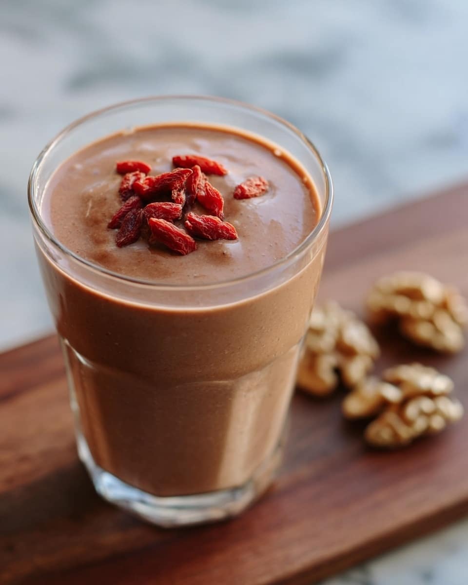 A clear glass is filled with a smooth, light brown smoothie that has a thick texture. On top of the smoothie, there are several small, bright red dried berries scattered evenly. The glass is placed on a dark wooden surface next to a few whole walnut pieces, which have a light brown and beige color with a rough texture. The background shows a soft, blurred area with a neutral tone, and the setting is simple and clean. photo taken with an iphone --ar 4:5 --v 7