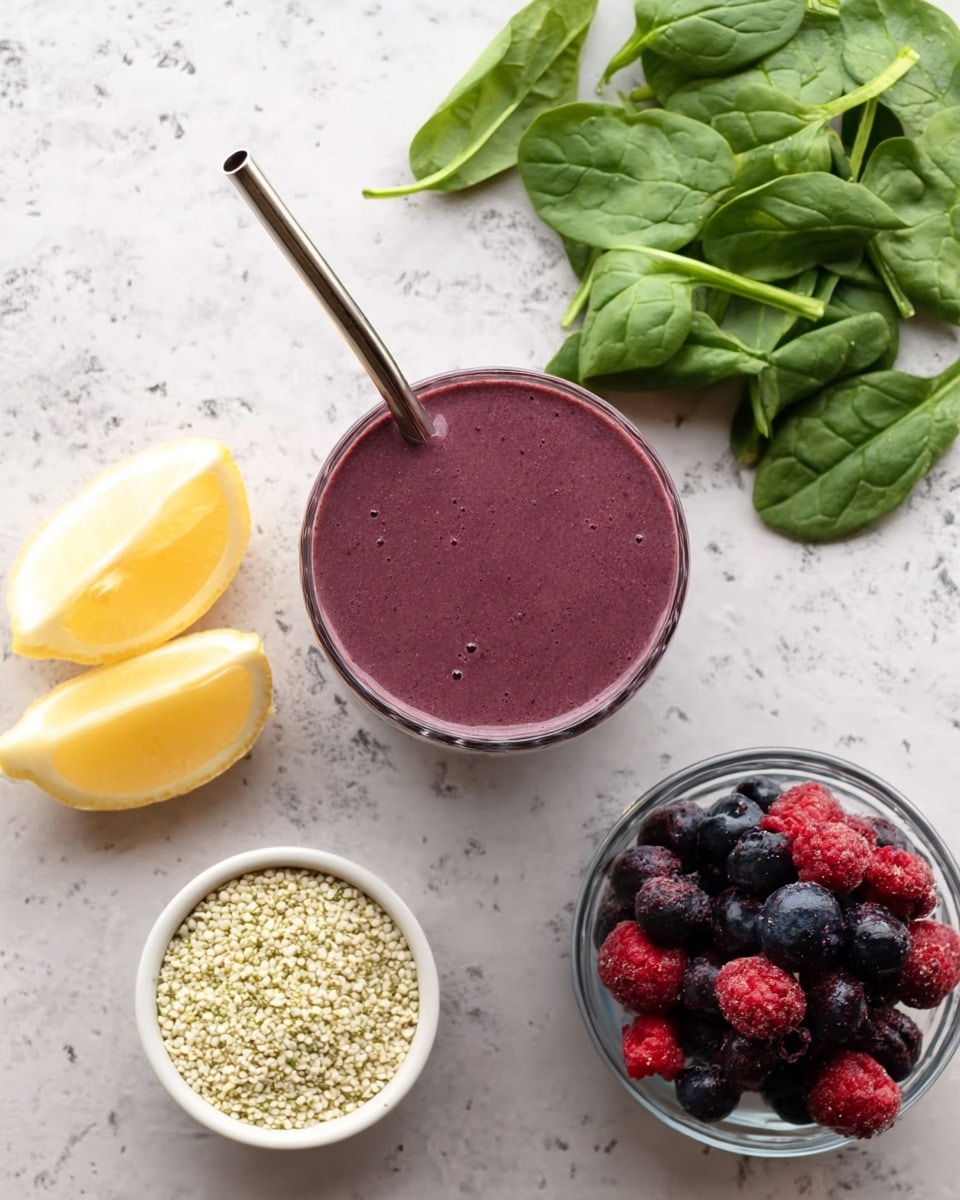 A top view of a smooth, thick purple smoothie in a clear glass with a metal straw in the center, placed on a white marbled surface. Behind the smoothie, there are fresh green spinach leaves spread out. In front of the smoothie, two pale yellow lemon wedges are positioned close to each other. To the right, a clear bowl filled with mixed frozen berries, mainly dark purple blueberries and some red raspberries, sits next to a small white bowl holding light beige hemp seeds. The arrangement is neat and bright, showing fresh ingredients clearly. photo taken with an iphone --ar 4:5 --v 7