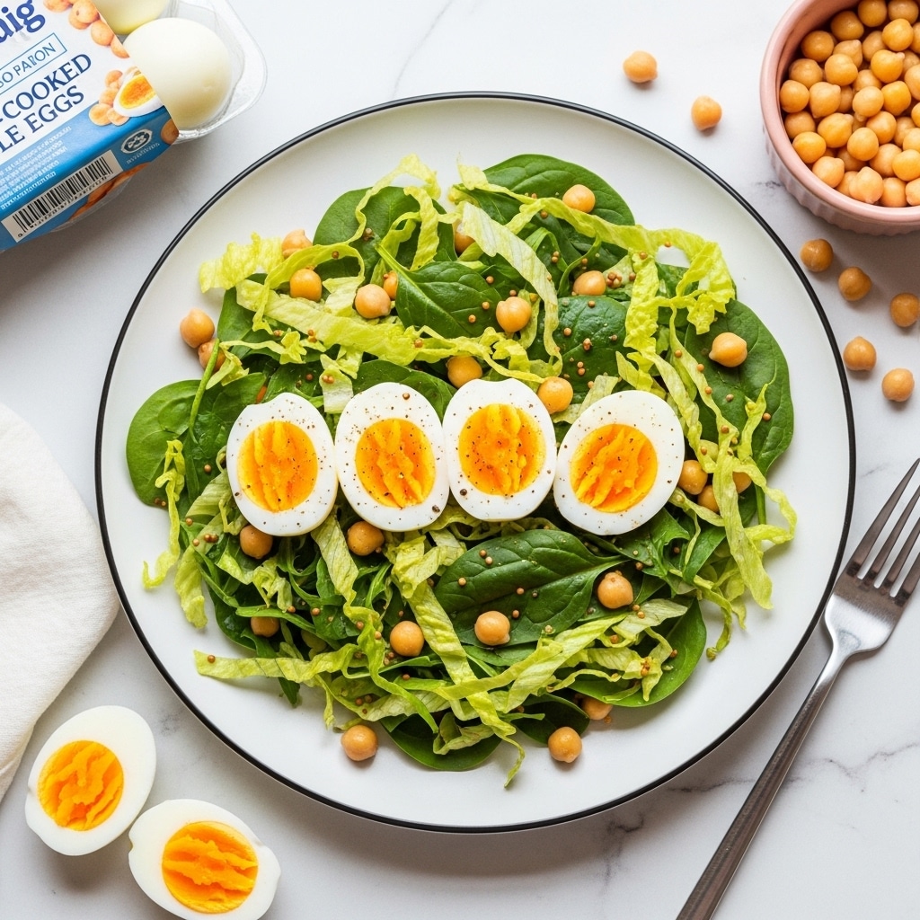 The image shows a fresh salad on a white plate with a thin silver rim. The salad has several layers: the bottom layer is made up of light green shredded lettuce and fresh spinach leaves, creating a mix of soft and slightly firm textures. On top of this are small round golden-brown chickpeas scattered evenly across the salad. There are also thin pale green slices of cucumber and Brussels sprout leaves adding more texture. The top layer consists of four halved boiled eggs with bright yellow yolks and white edges, arranged neatly in the center. The salad is lightly sprinkled with coarse mustard seeds and some seasoning, giving a speckled look. The plate sits on a white marbled texture surface, surrounded by a halved boiled egg to the upper left, a small bowl of chickpeas in the top left corner, and a packet of pre-cooked peeled eggs on the left side. A silver fork is placed on the top right corner of the image. The whole scene is bright and clean. photo taken with an iphone --ar 4:5 --v 7