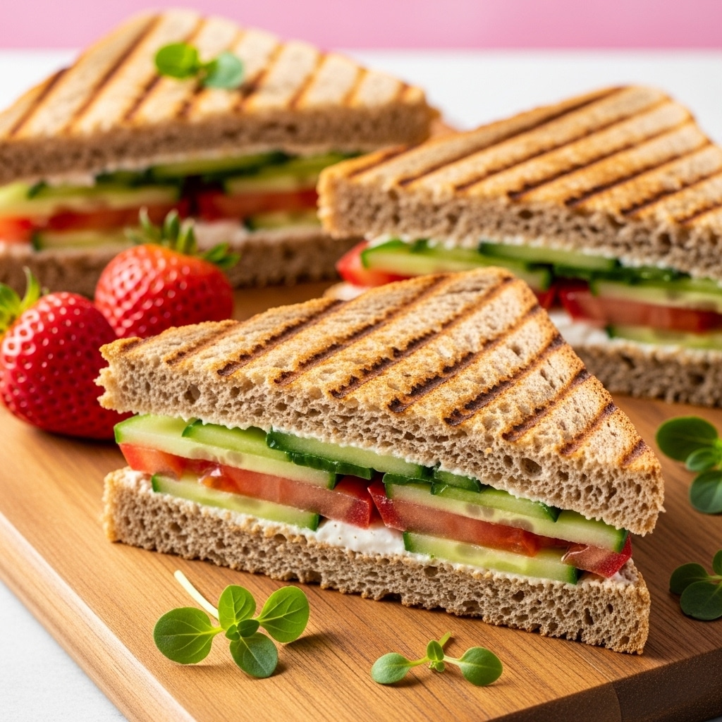 The image shows a close-up of three grilled sandwiches made with dark brown multigrain bread, lightly marked with grill lines. Each sandwich is cut in half and stacked with visible layers: fresh green cucumber slices, white cream cheese or spread, and red tomato slices. The sandwiches are placed on a wooden board, accompanied by some green fresh herbs and a few whole red strawberries in the background. The setting is bright with a pink backdrop, while the surface beneath is replaced by a white marbled texture. photo taken with an iphone --ar 4:5 --v 7