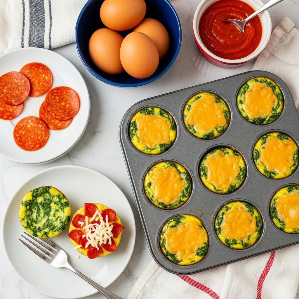 The image shows a set of baked egg muffins with visible layers in white paper liners. Each muffin has a bottom layer of cooked eggs mixed with green leafy spinach, giving it a textured green and yellow look. Some muffins are topped with melted white cheese that looks soft and slightly stringy, while a few have an additional layer of red diced pepperoni and shredded cheese on top, adding red and white colors. The muffins are placed in a dark gray muffin pan sitting on a wooden board with a white marbled surface beneath. Around the pan, there are ingredients like three brown eggs in a blue bowl, a white plate with diced pepperoni, a small white plate holding a bitten egg muffin, and a small white bowl filled with smooth, thick red tomato sauce accompanied by a spoon. A woman's hand is seen holding a spoon in the tomato sauce bowl. Striped black and white and red and white kitchen towels add a cozy feel to the setup. photo taken with an iphone --ar 4:5 --v 7