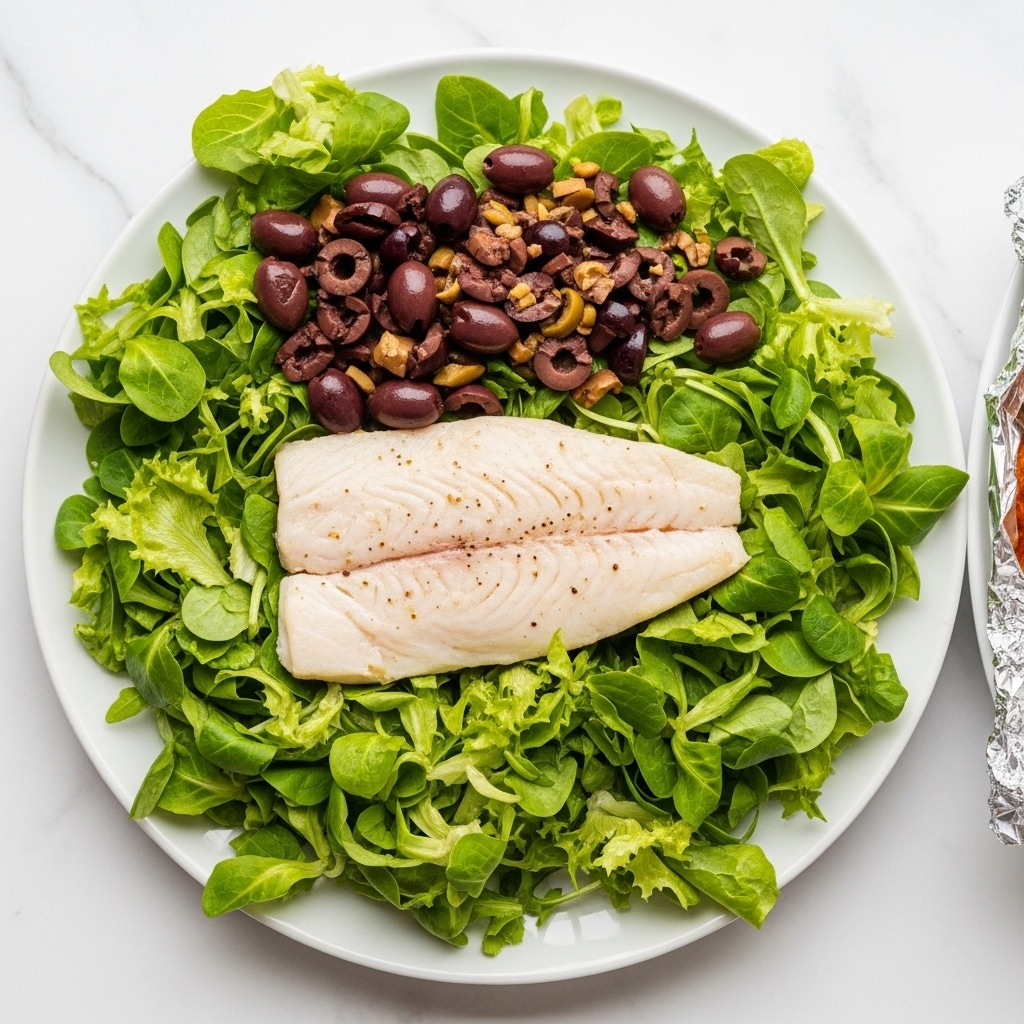 A white plate with a bed of fresh green leafy lettuce spread evenly, forming the base layer. On top of the lettuce, a large, flat, white piece of cooked fish fillet with a slightly golden brown tint covers much of the center. Scattered over both the lettuce and the fish are small dark olives and tiny pieces of caramelized onions, adding a touch of dark purple and brown contrast. The plate sits on a wooden surface, but changing that mentally to a white marbled texture. Nearby is a foil-lined container with another piece of the same fish garnished with fresh green herbs. Photo taken with an iphone --ar 4:5 --v 7