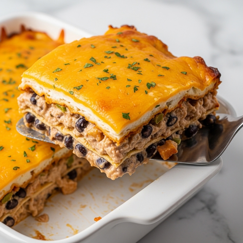 The image shows a close-up of a layered baked dish with melted golden-yellow cheese covering the top and dripping down the sides. The dish has at least three visible layers, including a creamy filling with diced ingredients and black beans mixed into a light sauce. The top layer is thick with cheese that glistens and is sprinkled with finely chopped green herbs. The edges show a bit of sauce baked onto the white dish. The overall texture looks rich, gooey, and inviting, with some slight browning on the cheese's surface. The white dish is placed on a white marbled surface. Photo taken with an iphone --ar 4:5 --v 7