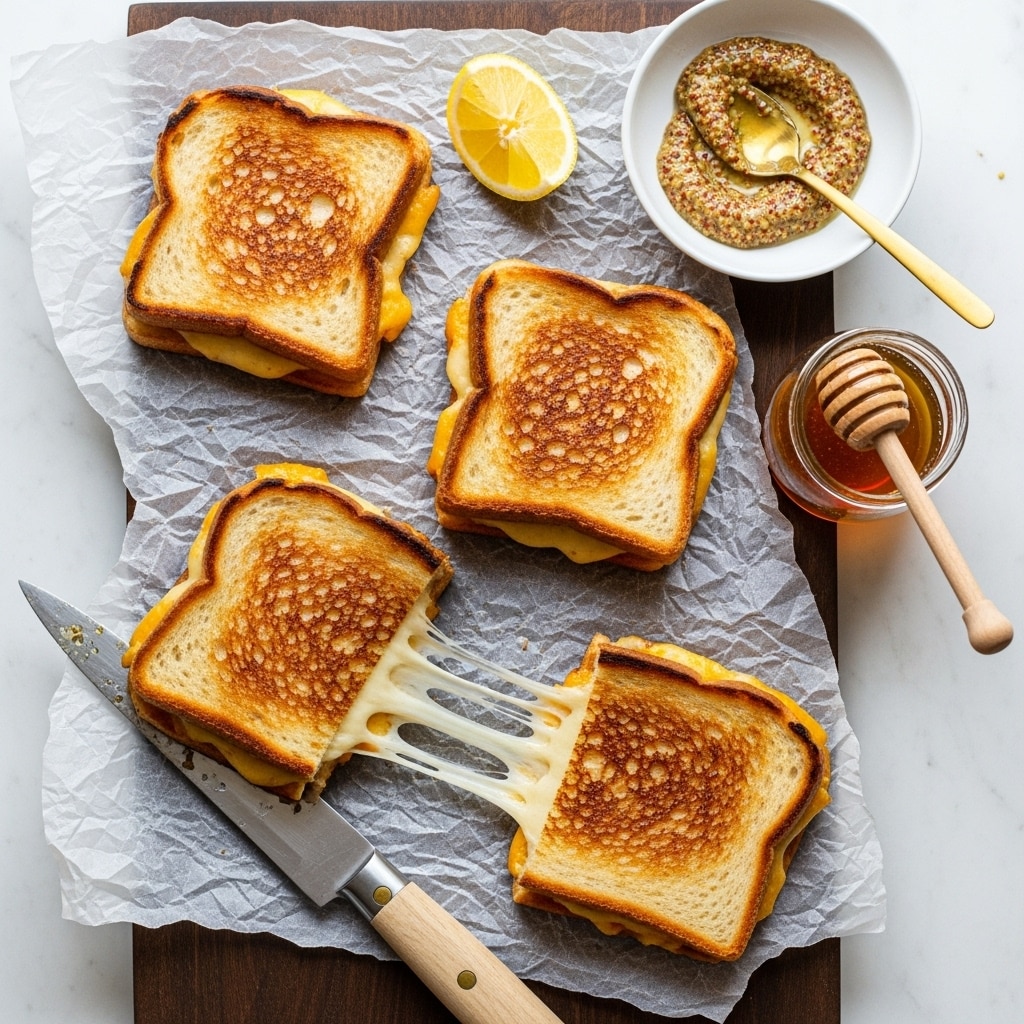 The image shows four grilled cheese sandwiches cut in halves and quarters placed on crinkled translucent parchment paper on a wooden board. Each sandwich has golden brown toasted bread with visible melted cheese stretching between the halves. There is a slice of lemon wedge in the center above the sandwiches. To the right side, there is a small white bowl containing grainy mustard with a thin golden spoon resting inside. Next to it is a small clear glass jar with honey and a wooden honey dipper. A large knife with a wooden handle lies horizontally below the sandwiches on the parchment paper. The background is a white marbled texture. photo taken with an iphone --ar 4:5 --v 7