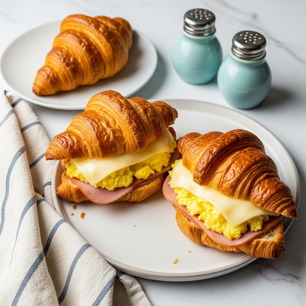 Two croissant sandwiches sit on a light blue plate placed on a white marbled surface. Each sandwich has three visible layers: a golden brown, flaky croissant on top, a slice of melted white cheese below it, a fluffy yellow scrambled egg layer underneath, and a smooth slice of pink ham at the bottom, peeking slightly from the edges of the croissant. To the side, there is a white cloth with blue stripes and two small, round blue salt and pepper shakers. In the upper left corner, part of a white plate with extra croissants is visible. photo taken with an iphone --ar 4:5 --v 7