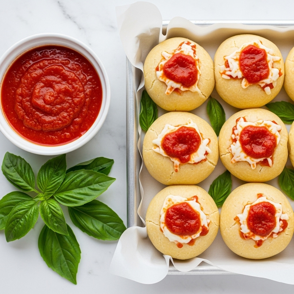 There are six round, golden-brown bread balls arranged on a white tray lined with white parchment paper. Each bread ball has a small dollop of red marinara sauce on top with some melted white cheese peeking out beneath the sauce. Fresh green basil leaves are placed around the bread balls in the tray. Next to the tray is a small white bowl filled with more red marinara sauce, sitting on a white marbled textured surface. The overall scene is bright and simple. photo taken with an iphone --ar 4:5 --v 7
