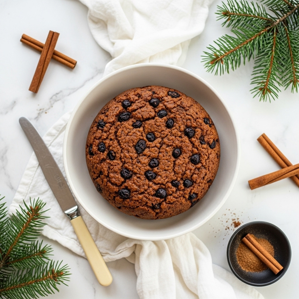 A round baked dish with a single dark brown top layer that looks slightly rough and textured, filled with small dark spots and a few wrinkles. The dish sits in a white bowl on a white marbled texture surface. Surrounding the bowl is a white cloth underneath it, along with some small brown cinnamon sticks and star anise scattered near a spoon filled with a dark powdery substance. photo taken with an iphone --ar 4:5 --v 7
