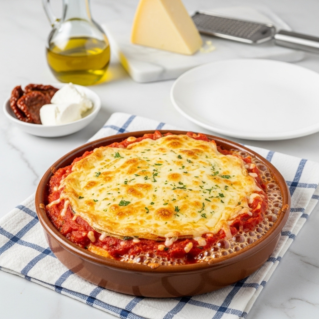 A round, deep brown ceramic dish is filled with a thick, bubbling tomato sauce layered with melted golden-brown mozzarella cheese on top. The cheese has small browned spots and is unevenly melted, with some stringy textures visible. Bits of herbs and seasoning float on the surface, adding green specks to the warm red-orange base. The dish sits on a white marbled surface covered partly by a blue and white checkered tablecloth. Around it, there is a small white bowl with red and cream ingredients, a wooden board with a wedge of pale yellow cheese and some red chili flakes, a metal grater, and a clear glass of water. A bottle of olive oil with a metallic top stands nearby, and a white plate is set nearby as well. photo taken with an iphone --ar 4:5 --v 7