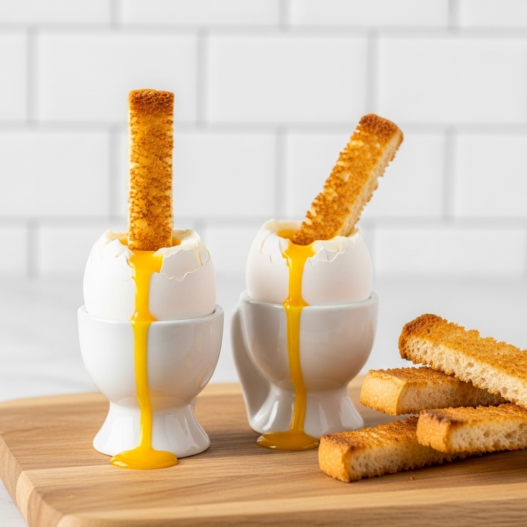 The image shows two soft-boiled eggs served in white egg cups placed on a wooden board with a white marbled surface underneath. Each egg has its top cracked open, with bright yellow yolk gently dripping down the sides. Inside each egg, there is a golden-brown toasted bread stick standing upright, while more toasted bread sticks are placed casually on the board near the egg cups. The background is a simple white tiled wall. photo taken with an iphone --ar 4:5 --v 7