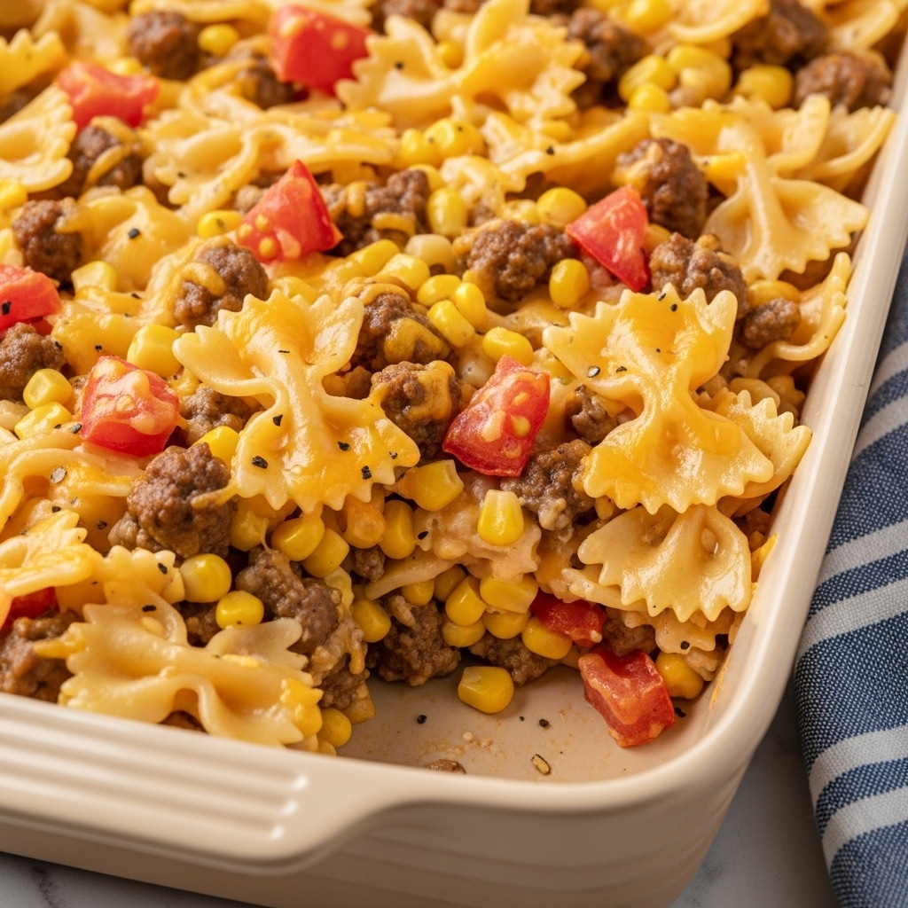 A close-up view of a baked pasta dish in a white baking dish filled with three main layers: a base of cooked bowtie pasta with a light golden color, mixed evenly with bright yellow corn kernels and small pieces of browned ground meat, all coated in a thick, creamy orange cheese sauce. The sauce covers the pasta unevenly, leaving parts of the pasta edges visible, with small bits of red tomato pieces scattered throughout. The top layer is melted, slightly shiny cheese, with some browned spots and sprinkled black pepper for a slight texture contrast. The dish rests on a white marbled surface with part of a blue and white striped cloth visible next to the baking dish. photo taken with an iphone --ar 4:5 --v 7