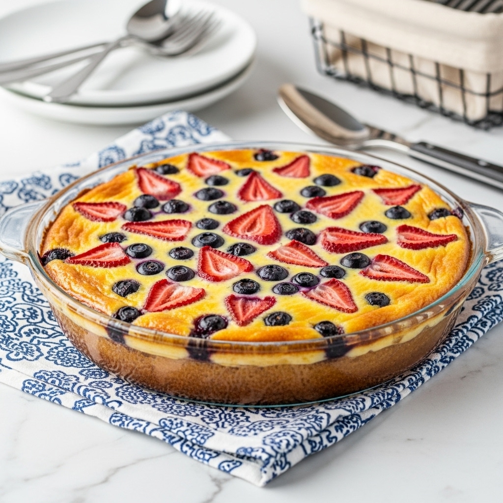 The image shows a clear glass pie dish filled with a baked dessert that has a golden-brown crust and creamy light yellow filling. On top, there are fresh strawberries cut in halves and whole blueberries scattered evenly, adding red and dark blue colors with a juicy texture. The pie dish sits on a blue patterned cloth over a white marbled table. Nearby, there is a shiny silver spoon and a white plate stacked with three forks, placed in front of a basket with a mesh design in the background. Photo taken with an iphone --ar 4:5 --v 7