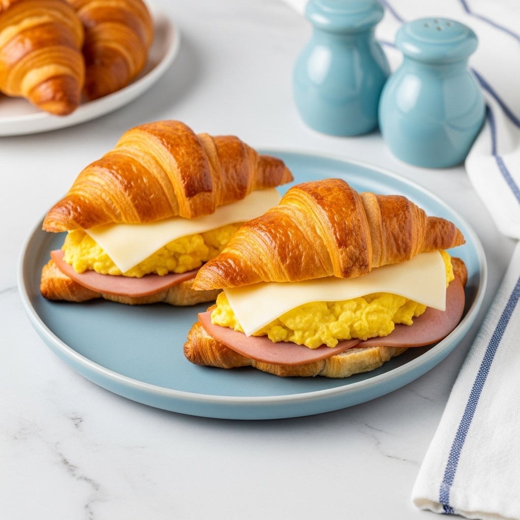 Two croissant breakfast sandwiches sit on a white plate with a soft gray rim, placed on a white marbled surface. Each sandwich has three layers visible from the side: a golden brown, flaky croissant top with a slightly shiny texture, a layer of pale yellow scrambled eggs, and a slice of light pink ham peeking out neatly underneath. On top of the eggs and ham, there is a layer of melted white cheese that spills a little over the edges of the eggs. To the upper left, a third croissant rests on a white plate with a soft gray rim, and two small, round blue salt and pepper shakers with silver tops sit on the right. A light cream and blue striped cloth napkin is draped casually on the bottom left side. Photo taken with an iphone --ar 4:5 --v 7