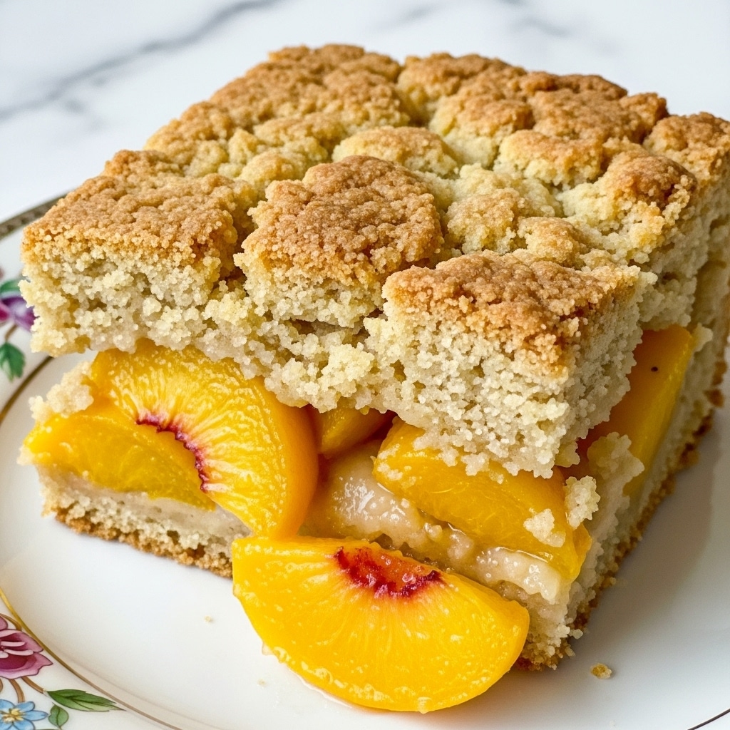 The image shows a close-up of a peach cobbler with a thick, golden brown crust on top that looks crunchy and slightly uneven in shape. Underneath the crust, there are large slices of bright yellow and orange peaches that appear juicy and soft, with some juices visible around them. The dish is served on a white plate with a small floral pattern that is partly visible. The background is a white marbled texture, making the warm colors of the cobbler stand out. photo taken with an iphone --ar 4:5 --v 7
