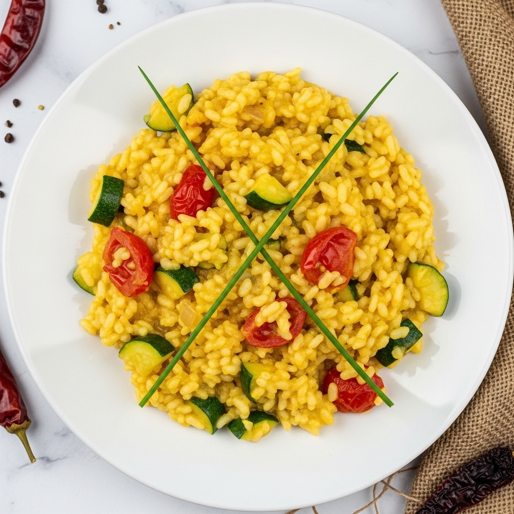 A white plate holds a creamy risotto dish showing a single main layer of yellow-orange cooked rice mixed with small pieces of orange carrots and green zucchini, topped with bright red tomato chunks and two long green chives crossed in the center. The plate is set on a white marbled surface with some dried red chili pieces and a piece of green vegetable visible at the edge. The texture looks soft and moist with a mixture of smooth rice grains and tender vegetable pieces. Photo taken with an iphone --ar 4:5 --v 7