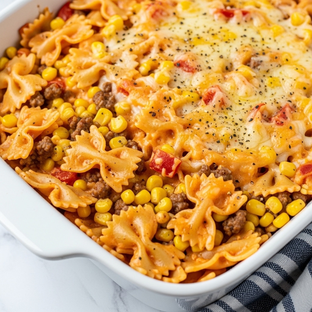 A close-up view of a baked pasta casserole in a light tan baking dish, showing multiple layers mixed together. The dish has bowtie-shaped pasta coated in a creamy mixture with melted orange-yellow cheese scattered on top. Interspersed evenly throughout are browned ground meat pieces, bright yellow corn kernels, and small chunks of red tomatoes. The top layer is shiny and covered in a smooth cheese sauce with visible black pepper specks. The casserole rests on a white marbled surface with a blue-striped cloth partially visible on the right side. photo taken with an iphone --ar 4:5 --v 7