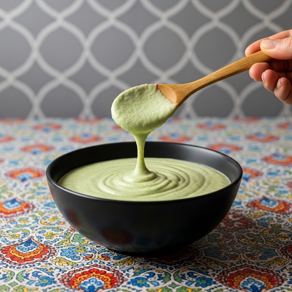 A black bowl filled with smooth, thick light green sauce is placed on a colorful patterned tray with floral and geometric shapes. A wooden spoon, covered in the same light green sauce, is lifted above the bowl. The background shows a patterned tile wall, and the scene is set on a white marbled surface. photo taken with an iphone --ar 4:5 --v 7