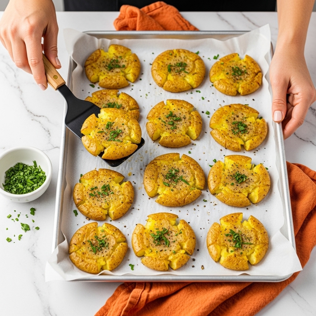 The image shows a black baking tray lined with white parchment paper holding 16 small golden-brown smashed potatoes arranged in a grid with four rows and four columns. Each piece has a crispy, slightly burnt texture on the outside with visible charred edges and is sprinkled with finely chopped green herbs and a little black pepper. A black spatula with a wooden handle lifts one potato on the left side. A woman's hand is holding the right edge of the tray, resting on an orange cloth. To the left of the tray, a small green cup with chopped green herbs sits on a white marbled surface with a few herb pieces scattered nearby. The overall look is warm and inviting. photo taken with an iphone --ar 4:5 --v 7