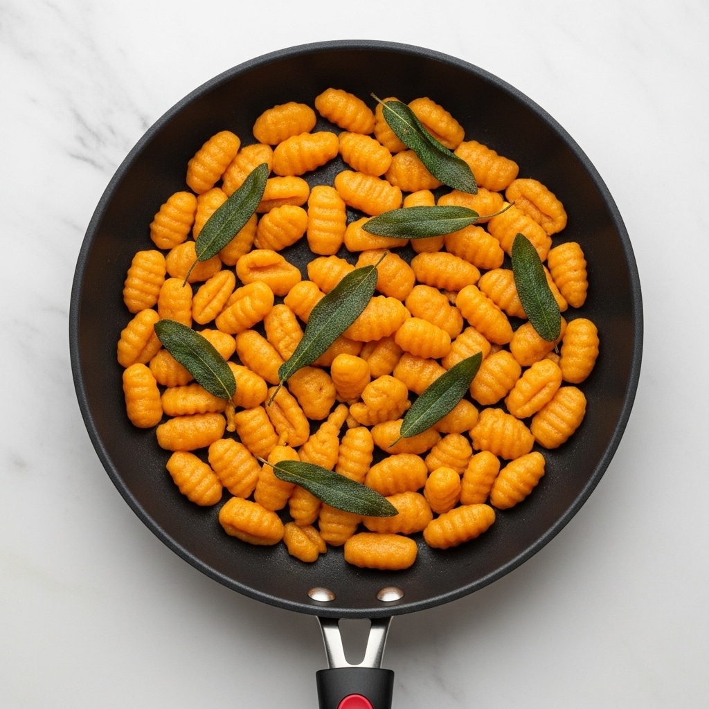 A black skillet filled with several pieces of golden-orange gnocchi that have textured ridges on top, with scattered dark green sage leaves mixed in. The gnocchi pieces look soft and slightly glossy, showing a light browning on some edges. The skillet sits on a white marbled surface with a wooden handle that has a red and black grip. photo taken with an iphone --ar 4:5 --v 7
