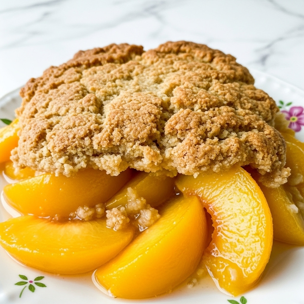 The image shows a close-up view of a peach cobbler slice on a white plate with floral patterns. The dessert has two main layers: a golden-brown, crumbly crust with a rough texture on top and around the edges, and a juicy, soft peach filling underneath with bright yellow-orange peach slices visible. The peach pieces have a slightly glossy look and some browned spots, indicating they have been baked. The crust looks thick and uneven with a crispy appearance. The background is white marbled texture. Photo taken with an iphone --ar 4:5 --v 7