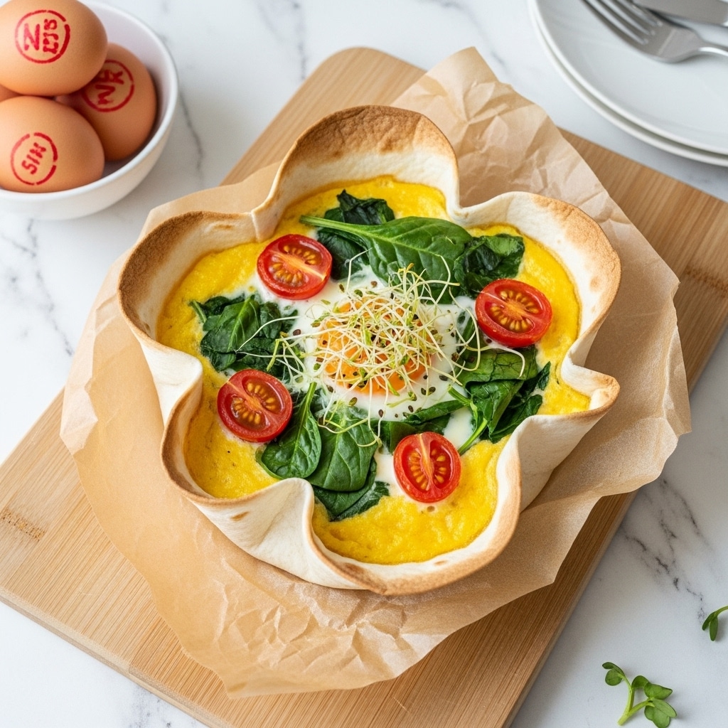 A baked egg dish in a white tortilla shell shaped like a shallow bowl, lined with parchment paper and placed on a wooden cutting board. The tortilla shell is golden brown and crispy, forming the base and sides of the dish. Inside, there is a layer of bright yellow scrambled eggs mixed with melted cheese, topped with chopped green spinach and halved red cherry tomatoes. Fresh microgreens are scattered on top as a final garnish. The setting includes a bowl with three brown eggs nearby, a white plate with a fork on the upper right corner, all arranged on a white marbled surface. photo taken with an iphone --ar 4:5 --v 7