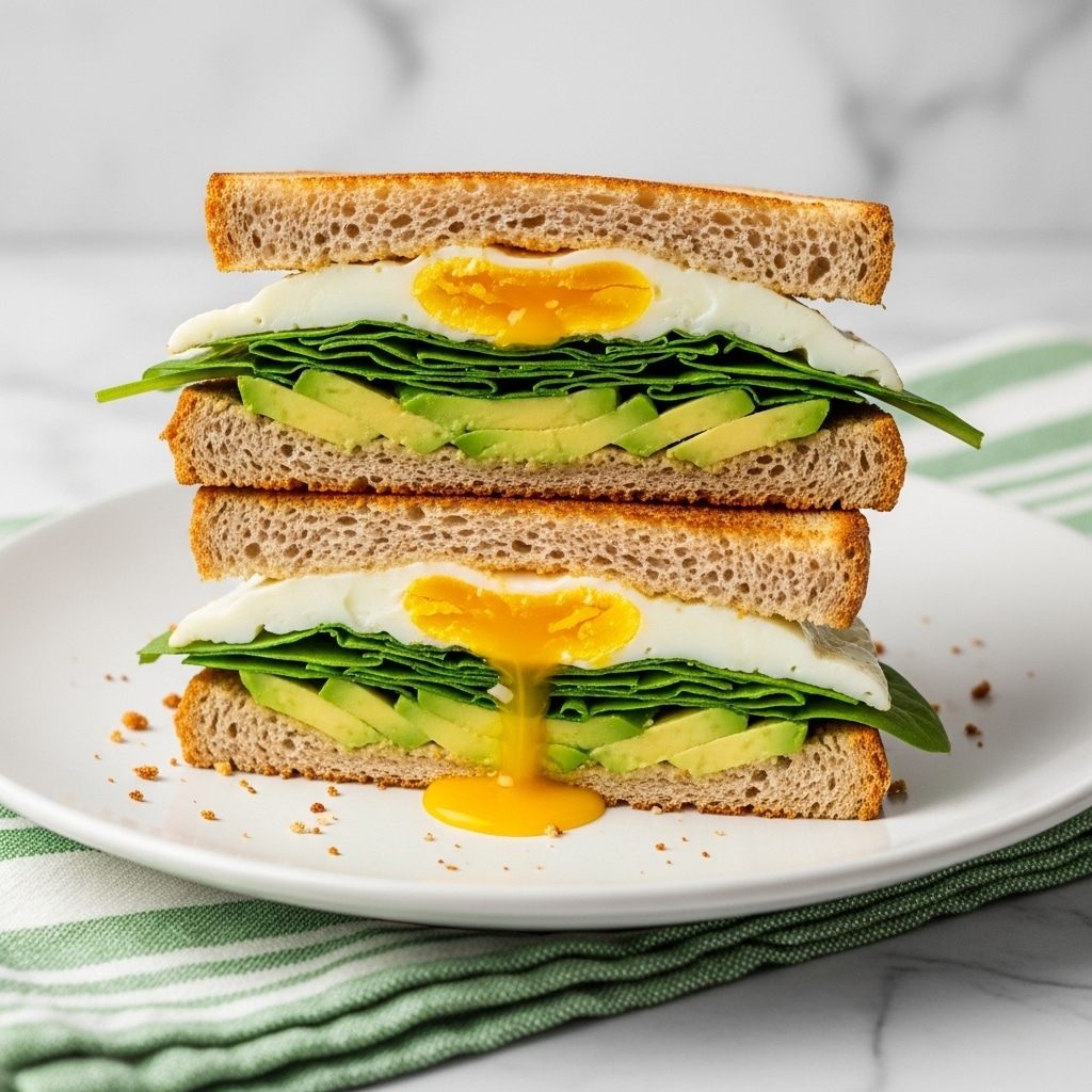 A sandwich cut diagonally in half is placed on a white plate. Each half shows two slices of toasted brown bread with a slightly rough texture. Inside the sandwich, there are visible layers including fried egg with a soft, runny yellow yolk, green leafy vegetables, and light green grilled zucchini slices with some char marks. The sandwich rests on a white plate, which sits on a light green and white striped cloth over a white marbled texture surface. Photo taken with an iphone --ar 4:5 --v 7