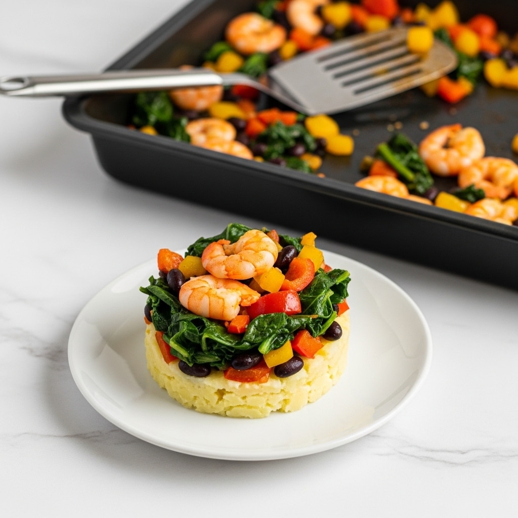 The image shows a white plate with three layers of food. The bottom layer is soft and pale yellow, possibly mashed or cooked squash. The middle layer is a mix of dark green leafy vegetables and small black olives, with red and yellow pieces of roasted bell pepper scattered throughout. On top, there are three pink shrimp placed neatly. To the right, a baking tray with the same vegetable and shrimp mix lies on a white marbled surface, and a metal spatula with a wooden handle rests on the tray. photo taken with an iphone --ar 4:5 --v 7