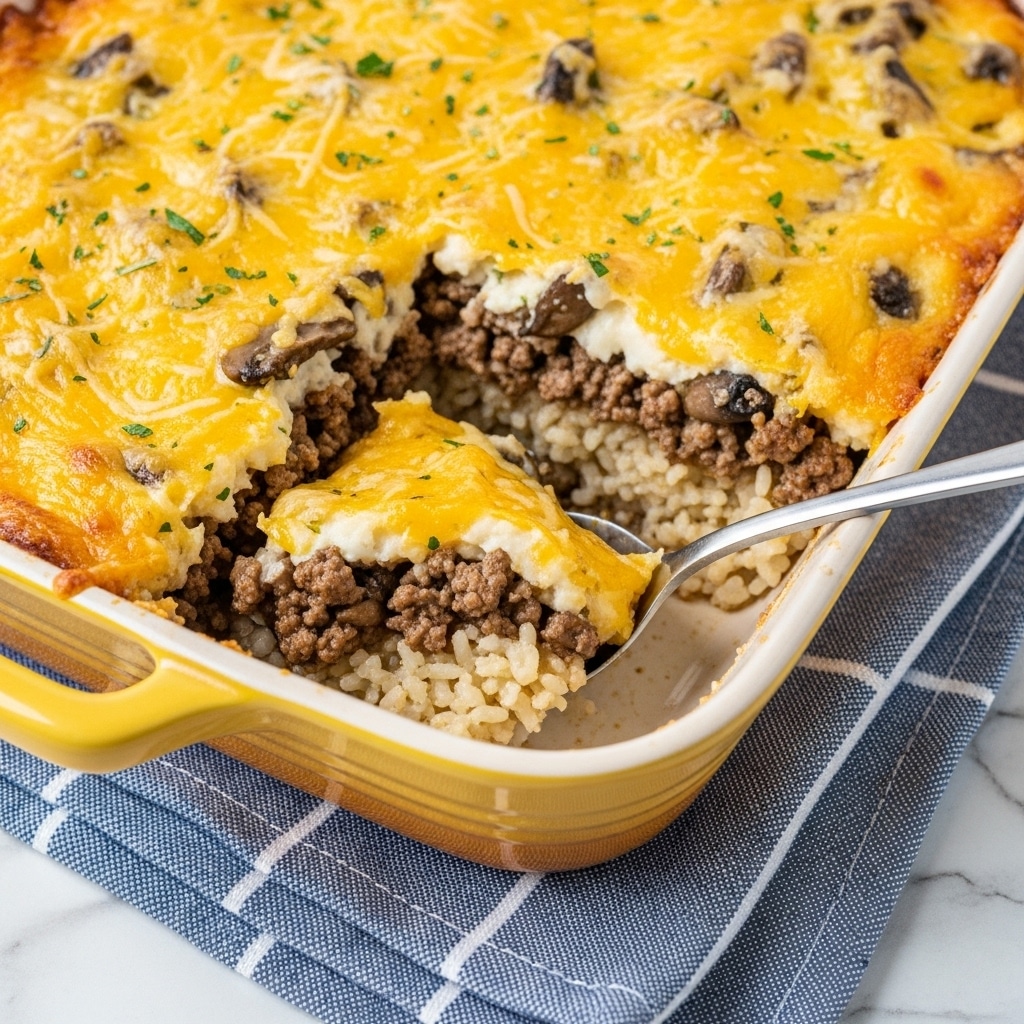A close-up image shows a creamy casserole in a white rectangular baking dish on a white marbled surface with a striped cloth underneath. The dish has a thick top layer of melted golden-yellow cheese, slightly browned and bubbly, covering a mixture of soft beige rice, browned ground meat, and sliced brown mushrooms. A spoon is lifting a scoop from the casserole, revealing the chunky, moist filling beneath the cheesy crust. The textures include the smooth melted cheese, tender rice grains, and meaty mushroom pieces, all blending together in a rich, hearty layer. Photo taken with an iphone --ar 4:5 --v 7