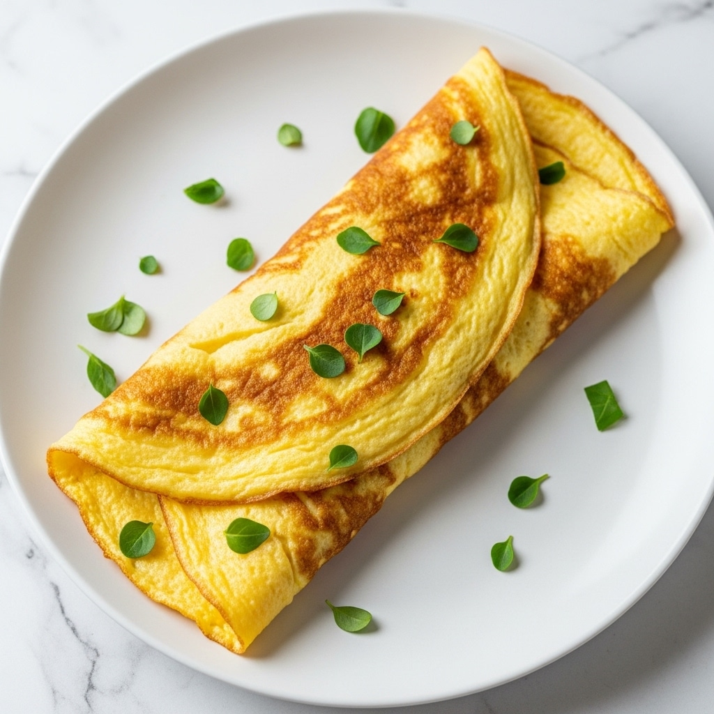 A single folded omelette sits on a white plate, covering most of the surface. The top layer is pale yellow with some light golden brown spots, showing a soft and fluffy texture. Small sprigs of chopped green herbs are scattered across the omelette, adding a touch of freshness and color contrast. The plate rests on a white marbled surface, giving the scene a clean and simple look. photo taken with an iphone --ar 4:5 --v 7