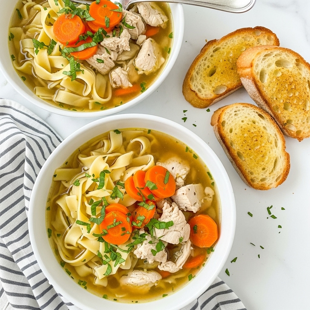 The image shows two white bowls filled with a chicken noodle soup consisting of clear broth with chunks of cooked chicken, flat yellow pasta ribbons, thin orange carrot slices, and chopped green herbs sprinkled on top. Around the bowls, there are several slices of toasted white bread with a golden-brown crust. The bowls and bread sit on a white marbled surface with a textured brown mat underneath one bowl and a striped cloth napkin partly visible near the bread. Photo taken with an iphone --ar 4:5 --v 7