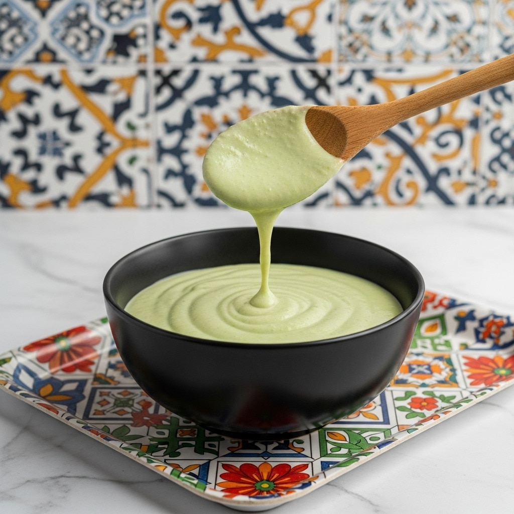A black bowl filled with thick, smooth, light green sauce is placed on a colorful patterned surface, showing mostly blue, red, yellow, and green colors. A wooden spoon covered in the same green sauce is being lifted out of the bowl by a woman’s hand. The background has a gray wall with a repeating curved pattern, and the overall image is well-lit. Photo taken with an iphone --ar 4:5 --v 7