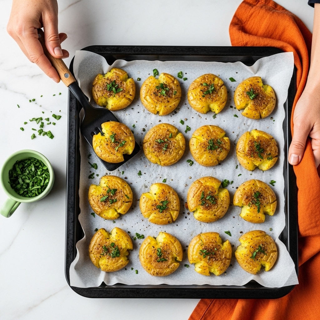 A baking tray lined with white parchment paper holds fifteen golden, smashed roasted potato pieces, each roughly shaped as flat, cracked discs with rough edges. The potatoes have a crispy, browned texture with specks of black pepper and small green herb bits sprinkled on top. One potato piece is being lifted by a black spatula with a wooden handle held by a woman's hand on the left side, while another woman's hand holds the tray on the right side. The tray rests on a surface with a white marbled texture, and there is a small white bowl containing chopped green herbs nearby. An orange cloth is draped underneath part of the tray. Photo taken with an iphone --ar 4:5 --v 7