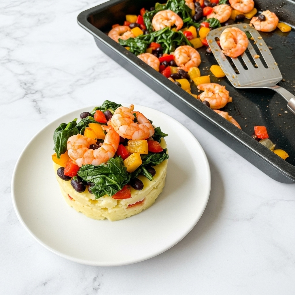 A small white plate sits on a white marbled textured surface, holding a layered dish with a base of light yellow, fluffy mashed potatoes. On top, there is a layer of cooked mixed vegetables including dark green leafy greens, red and yellow bell peppers, black beans, and pieces of shrimp in a light pink-orange color. Next to the plate is a black baking tray containing the same vegetable and shrimp mixture, with a metal spatula resting inside. The setting is simple and clean, showing the vibrant colors of the cooked food clearly. photo taken with an iphone --ar 4:5 --v 7