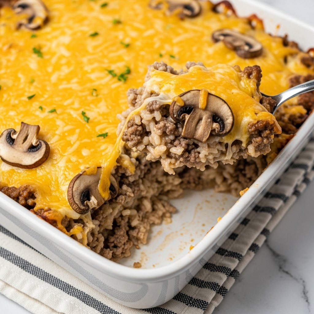 A creamy casserole dish is shown in a yellow baking dish with soft edges, placed on a blue and white striped cloth on a white marbled surface. The casserole is scooped out in one corner with a silver spoon and reveals a mix of three layers: a top layer of melted, golden-yellow cheese with specks of herbs, a middle layer filled with tender brown ground meat and visible pieces of cooked mushrooms, and a bottom layer of soft, light beige rice. The textures look rich and cheesy with a slightly browned top. Photo taken with an iphone --ar 4:5 --v 7