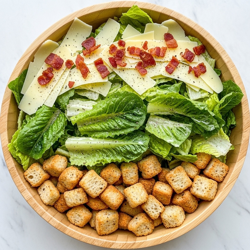 A close-up view of a fresh salad inside a light wooden bowl, showing several layers starting with crisp green romaine lettuce leaves as the base. Among the leaves, there are golden-brown croutons adding a crunchy texture, and pieces of crispy reddish-brown bacon are scattered evenly. On top, light cream-colored slices of Parmesan cheese are spread, some thin and curled, with a sprinkling of black pepper visible. The fresh ingredients give a mix of bright greens, warm browns, and creamy whites, all set against a white marbled texture background. photo taken with an iphone --ar 4:5 --v 7