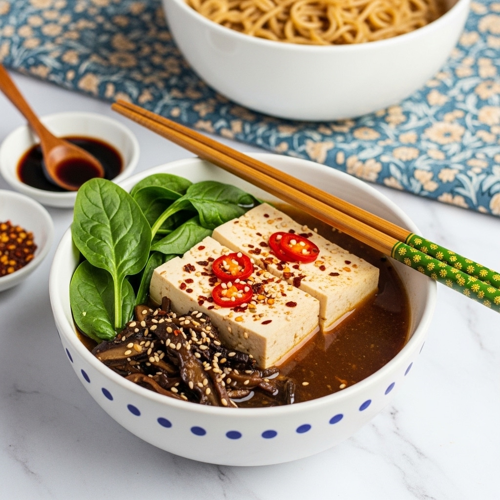 A white textured bowl filled with four visible layers of food: the bottom layer is dark brown broth, followed by sliced tofu with red chili flakes sprinkled on top, then sautéed mushrooms covered with white sesame seeds, and finally leafy green spinach and sliced green onions on one side. A pair of brown chopsticks with green and white decorated tips rest on the edge of the bowl. Behind the bowl is a white bowl filled with pale noodles. The surface beneath has a white marbled texture with a blue and beige patterned cloth partially visible. photo taken with an iphone --ar 4:5 --v 7