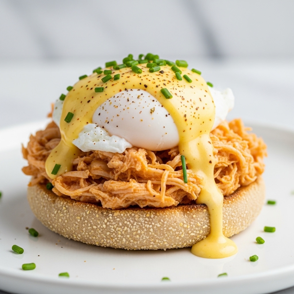 A close-up of a stack of food shows a base layer of a toasted English muffin that is light brown with a slightly rough texture. On top of the muffin, there is a generous layer of shredded chicken that is light tan with visible fibrous strands. Above the chicken, there is a thick dollop of white poached egg with a smooth surface. The top layer features a creamy, light yellow hollandaise sauce that is softly dripping down the sides, sprinkled with small green chives and light paprika specks. The dish is placed on a clean white plate against a white marbled surface, and in the blurred background, there is a halved orange. photo taken with an iphone --ar 4:5 --v 7