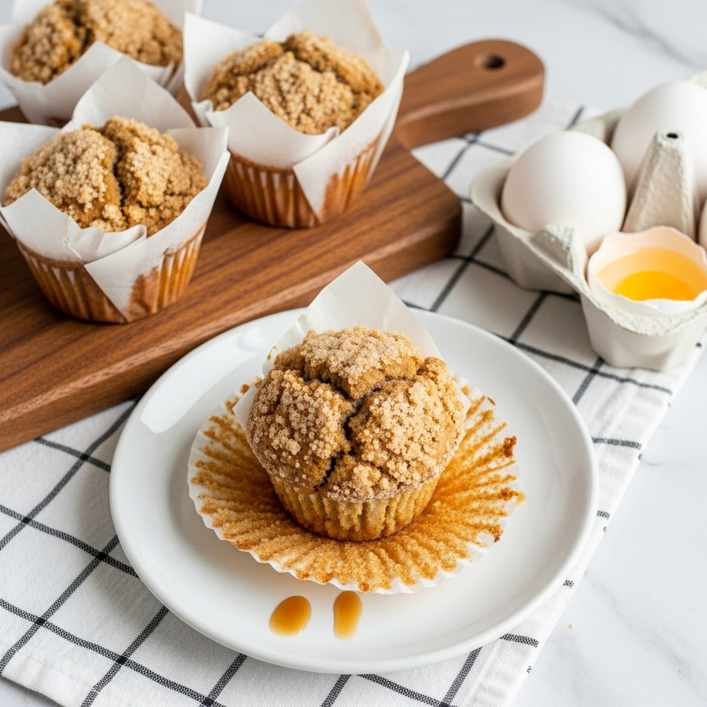 This image shows four light brown muffins with a crumbly sugar-coated top. One muffin is placed on a white plate, with its paper liner peeled back and spread out like flower petals in light brown and beige tones with some caramel stains. The other three muffins are still inside their slightly crumpled white paper liners on a brown wooden cutting board, which rests on a white cloth with black grid lines. To the right side, there is a carton of egg whites with a white marbled texture background underneath everything. photo taken with an iphone --ar 4:5 --v 7
