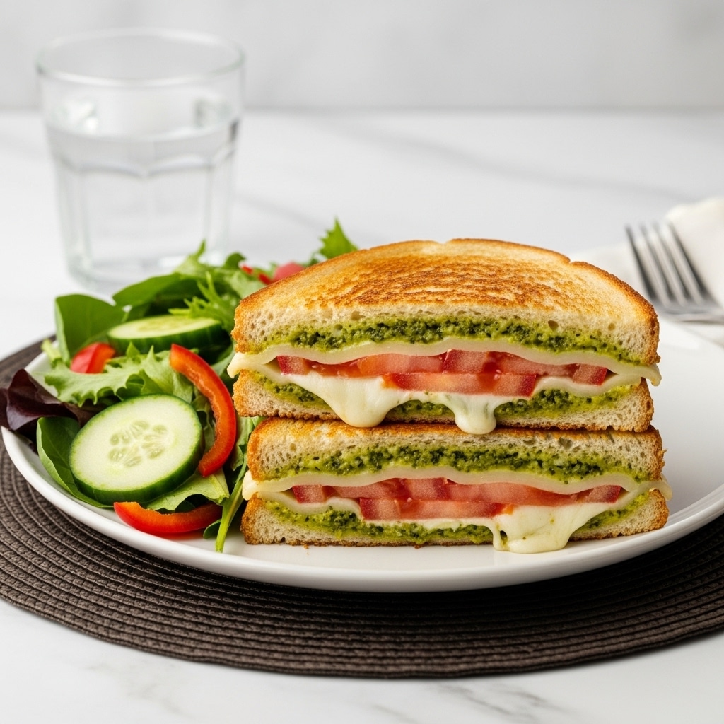 The image shows a sandwich cut in half and stacked, placed on a white plate with a fresh side salad. The sandwich has three layers: the toast on the top and bottom is golden brown and crisp, the middle layer includes a green spread likely pesto, slices of red tomato, and melted white cheese oozing out between the layers. The side salad contains mixed green lettuce, slices of cucumber, and visible pieces of red tomato, arranged on one side of the plate. The plate is set on a brown woven mat and there is a glass of water in the background, all on a white marbled surface. Photo taken with an iphone --ar 4:5 --v 7