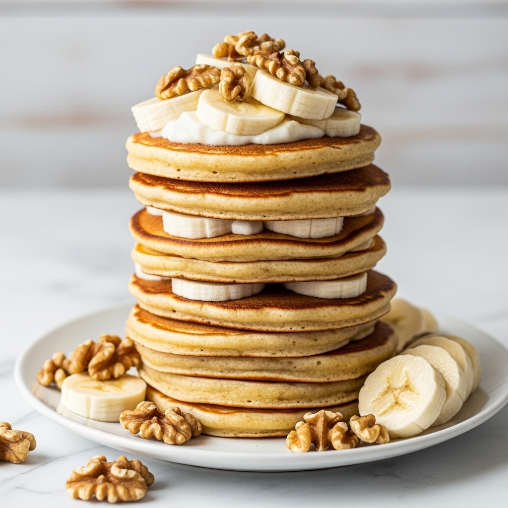A tall stack of seven golden brown pancakes sits neatly on a white plate, each pancake showing a slightly crispy texture on the edges and soft, fluffy centers. On top of the stack are several sliced banana pieces, light yellow with soft texture, along with some broken walnut halves that add a rough, nutty brown detail. Around the base of the stack on the plate, more banana slices and walnut pieces are scattered, creating a natural, inviting look. The background and surface are a clean white marbled texture, with a silver fork visible to the side. Photo taken with an iphone --ar 4:5 --v 7